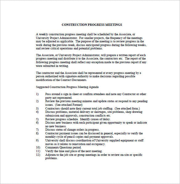 construction meeting minutes template sample