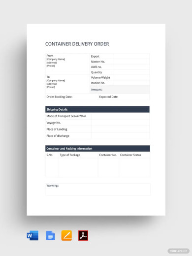 container delivery order template