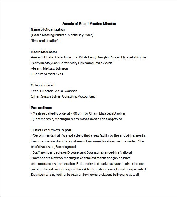 Corporate Board Meeting Minutes Template