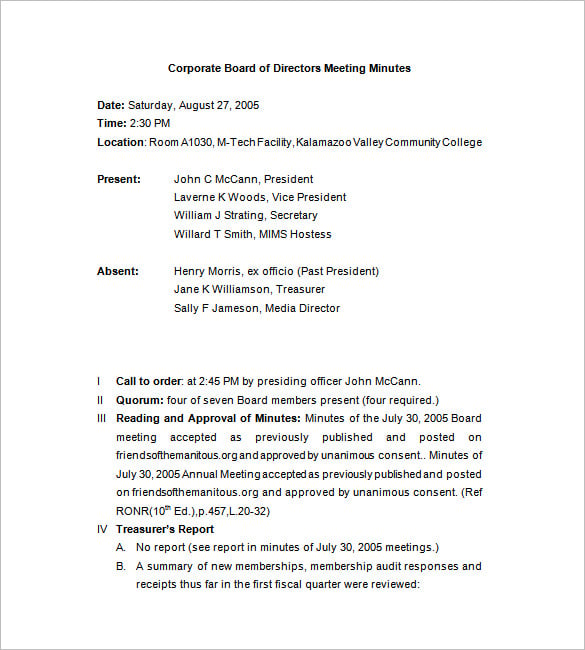 corporate company meeting minutes template