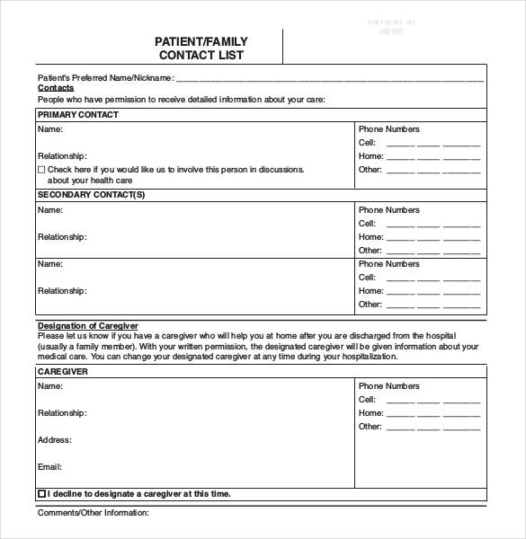 downloadable patient family contact sample