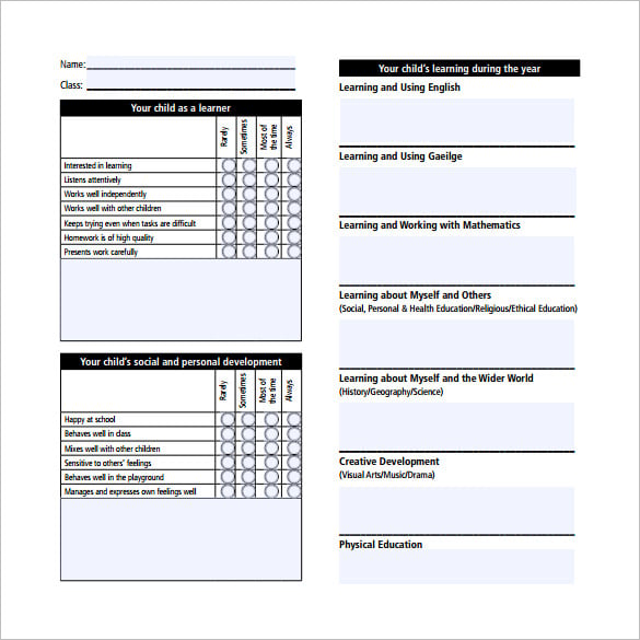 early childhood primary education report card template in pdf