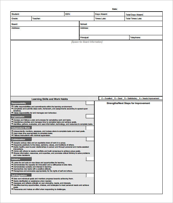 elementary progress report card template free download