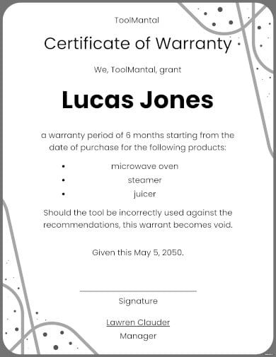 equipment warranty certificates