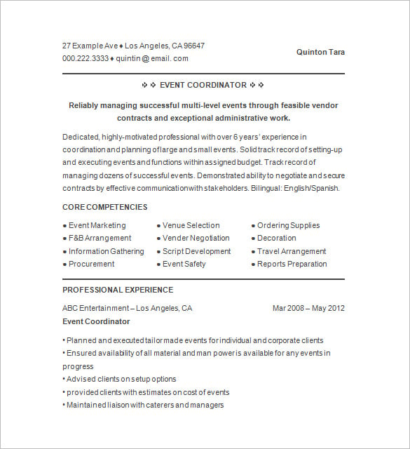 events-coordinator-resume-example
