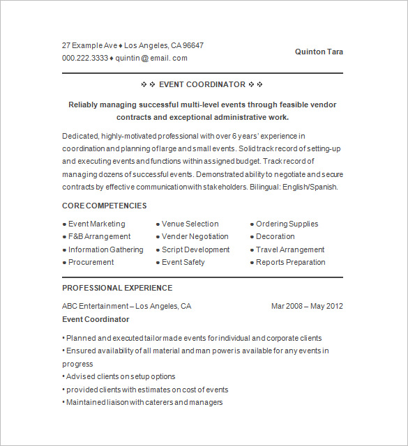 special event coordinator resume sample