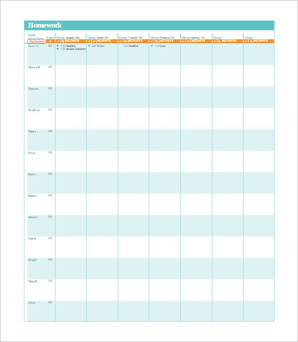 excel homework schedule for kids kindergarden