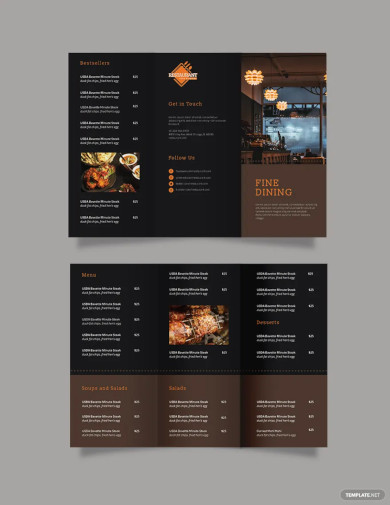 fine dining restaurant take out tri fold brochure template