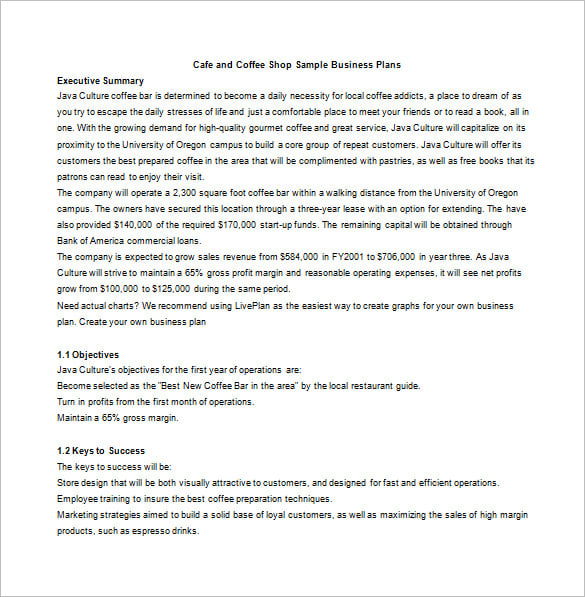free cafe coffe shop business plan template