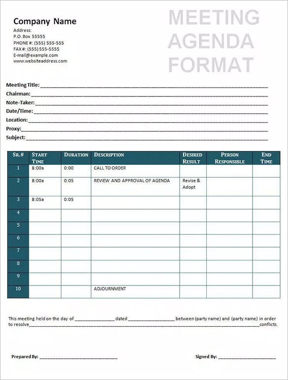 free meeting agenda format form template download