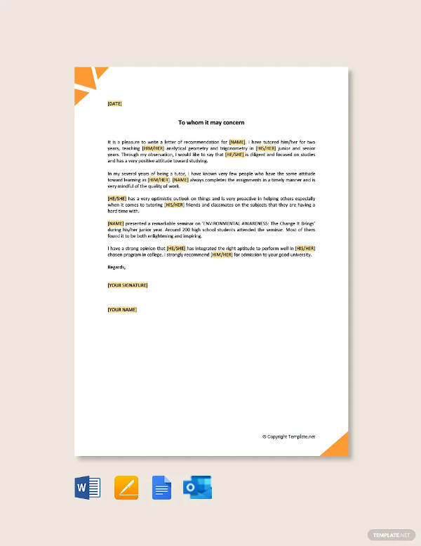 free personal letter of recommendation for college template