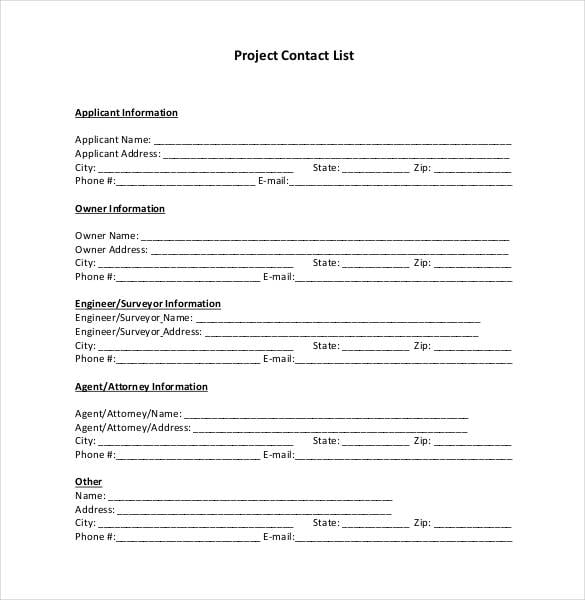 free printable project contact list template