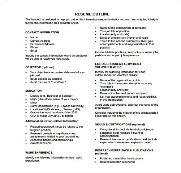 free resume outline pdf download