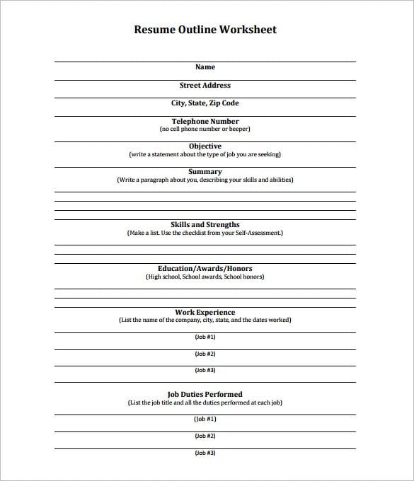 free resume outline pdf format download
