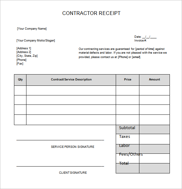 18  Contractor Receipt Templates DOC Excel PDF