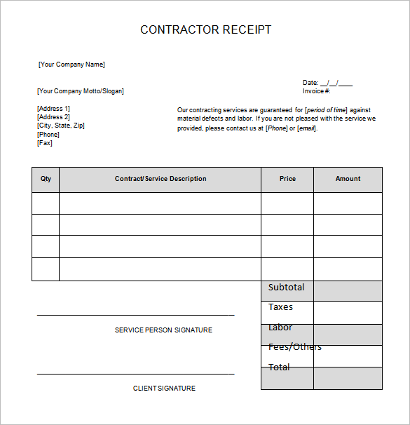 Free General Contractor Receipt Template Printable Templates