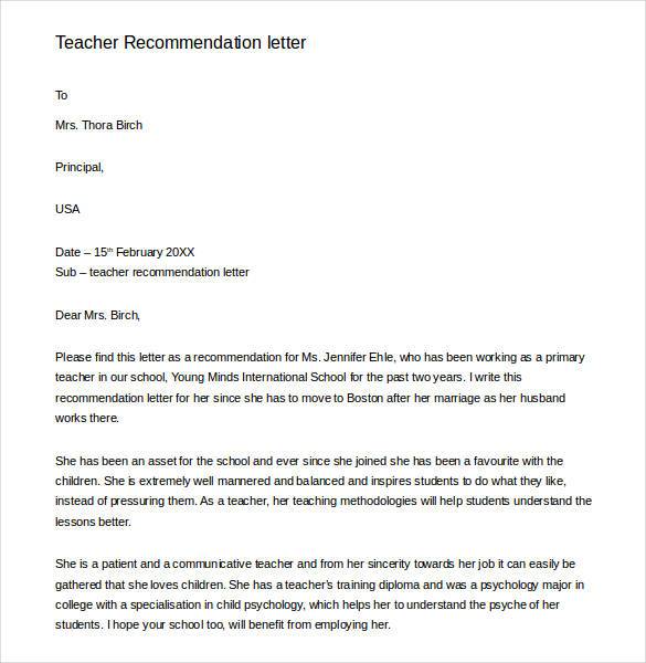 Free 28  Letters of Recommendation for Teacher PDF DOC