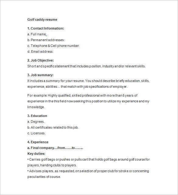 golf caddy resume format download