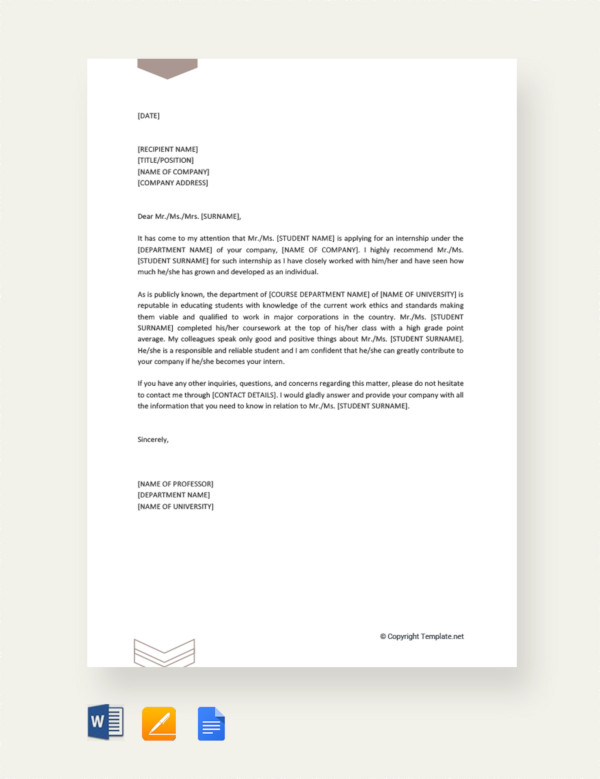 recommendation letter for student internship