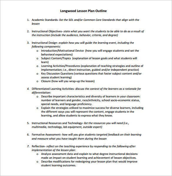 longwood lesson plan outline template free sample