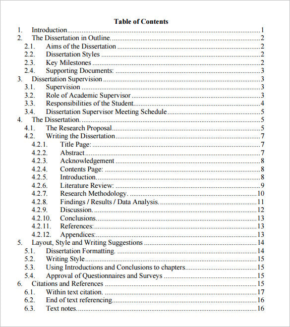 dissertation table of contents example