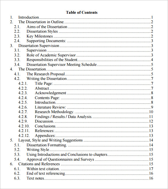 masters thesis table of contents