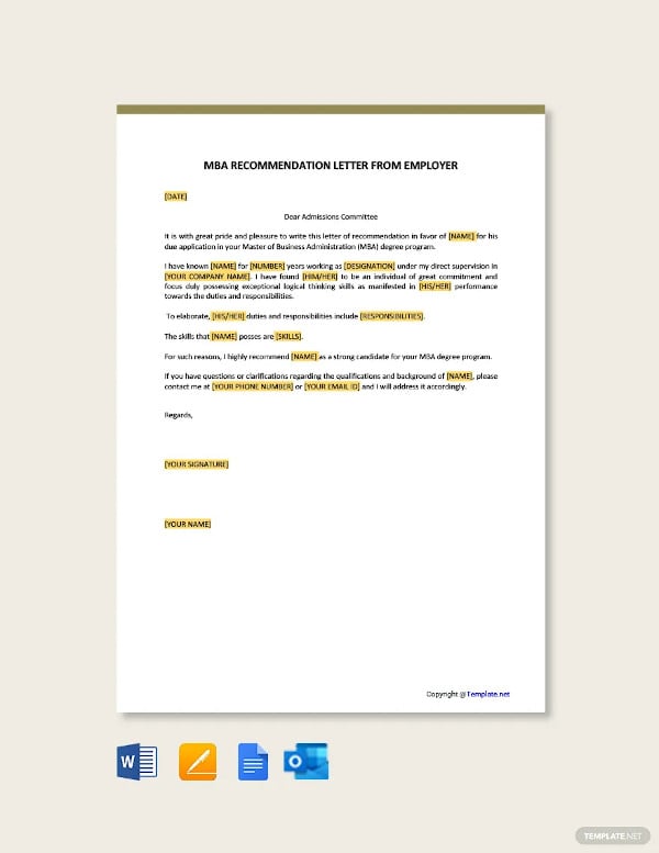 mba recommendation letter from employer template