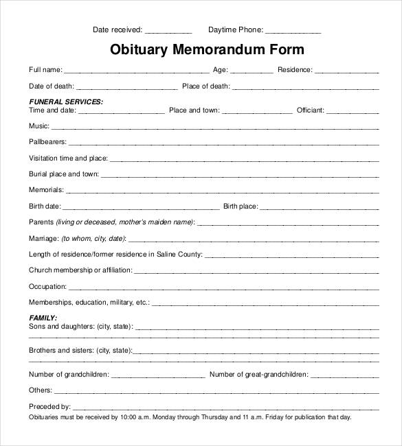 obituary memorandum form