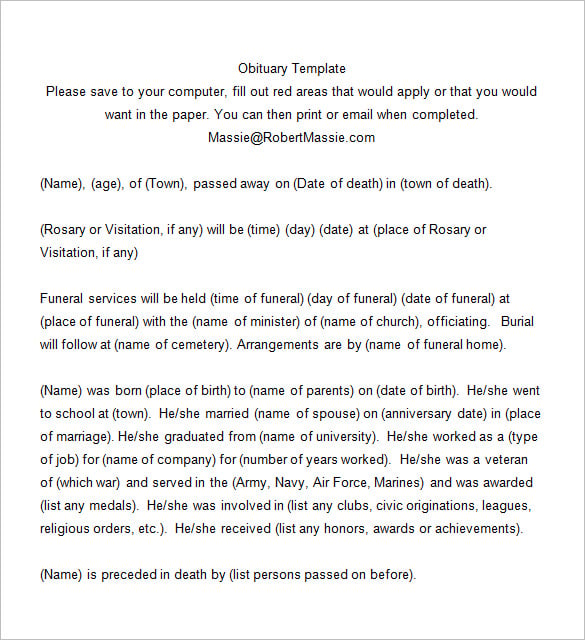 obituary notice word format