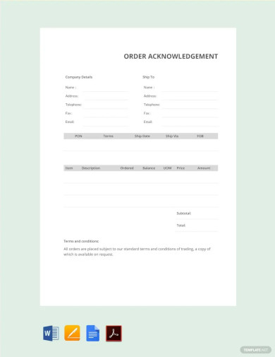 order acknowledgement template