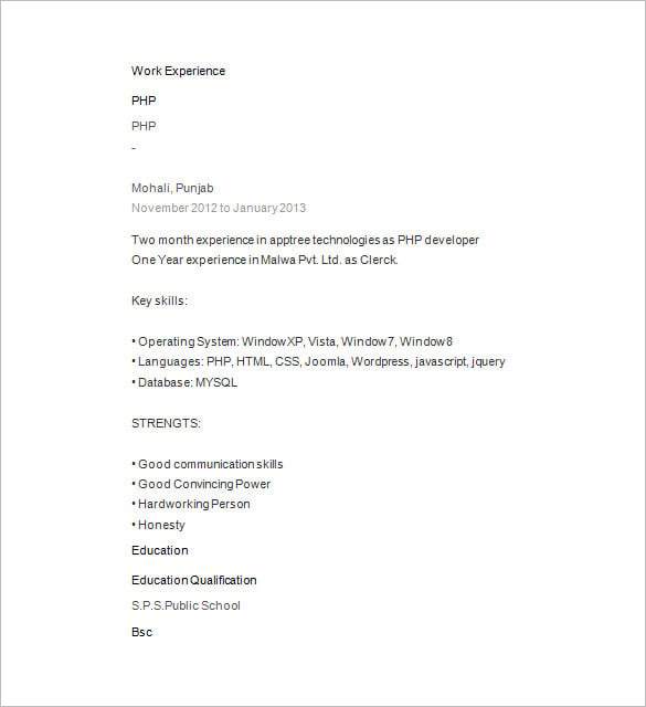 php web developer resume