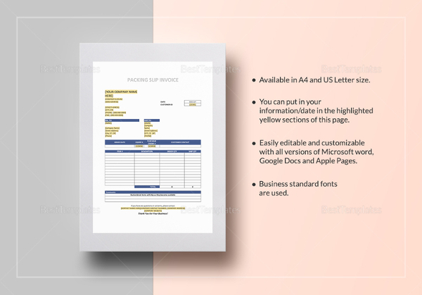 packaging slip invoice template