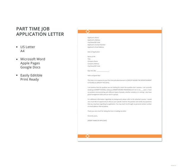 part time job application letter template