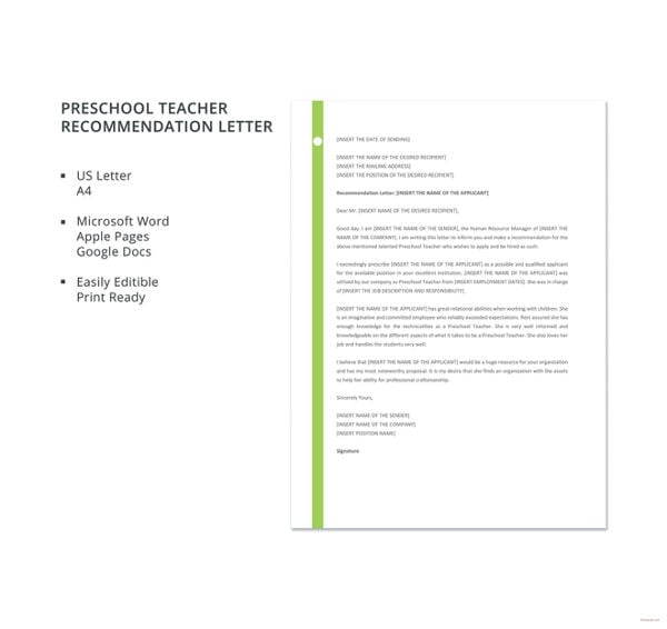 preschool teacher recommendation letter template