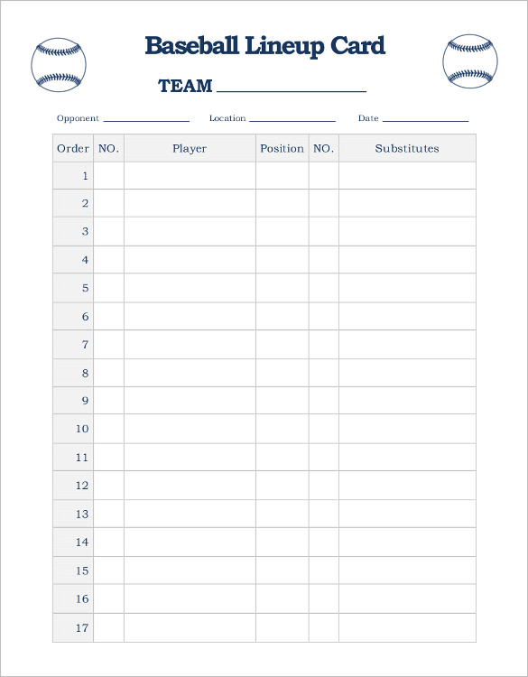 Custom Recreational Baseball League Lineup Cards