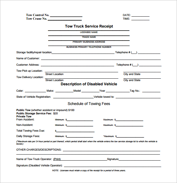 Fake Tow Receipt Form Invoice Template Free Towing