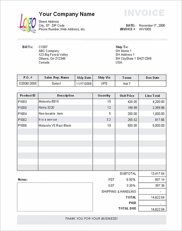 product service invoice template format example