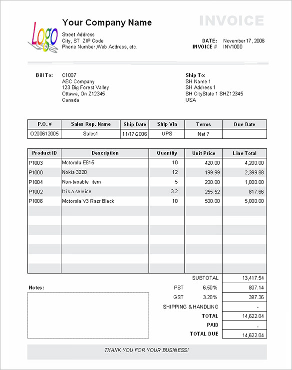 product service invoice template format example