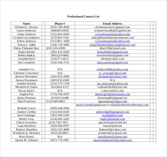 professional contact list template pdf