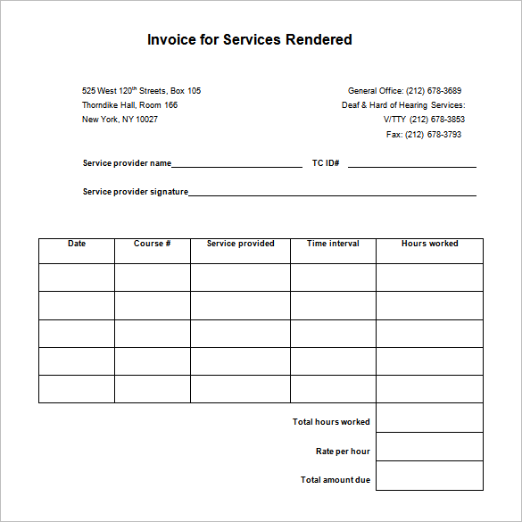 template receipt for services rendered