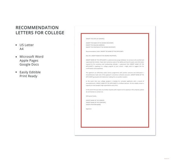 recommendation letter for college template