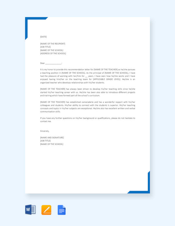 Middle School Student Sample Letter Of Recommendation For Elementary   Recommendation Letter For A Teacher 