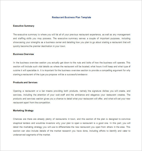 restaurant business plan template free download