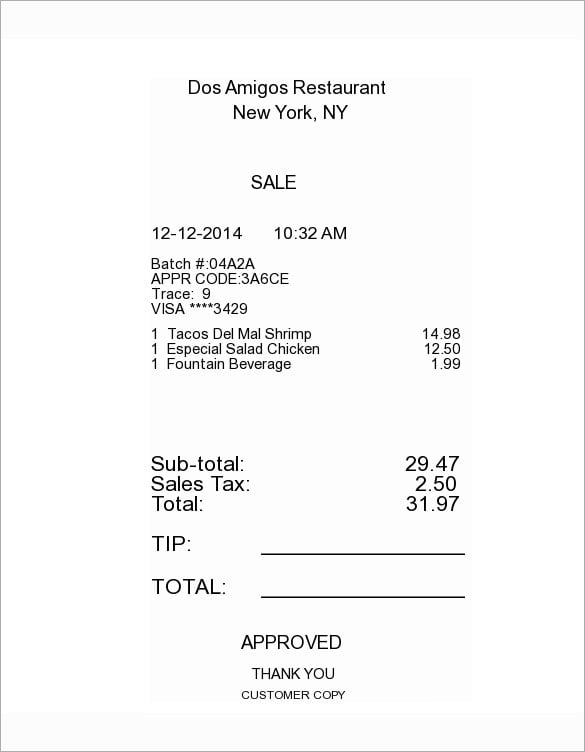 restaurant itemized receipt template