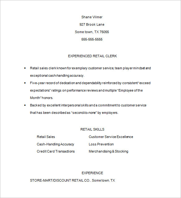 retail sample resume word download