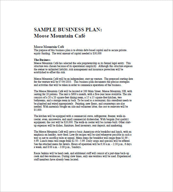 sample café business plan template