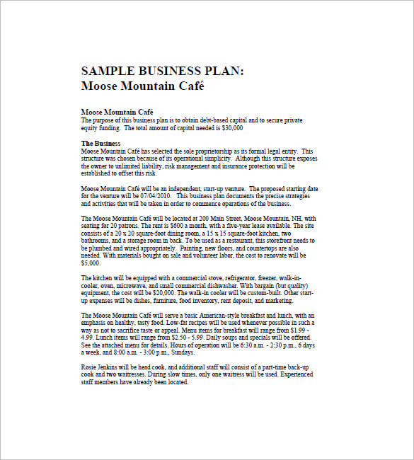 Sample Business Plan Cafe