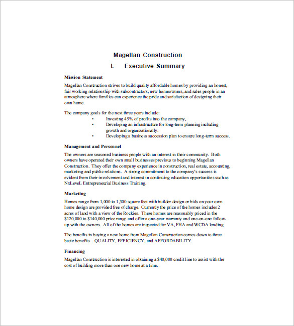 sample construction business plan template