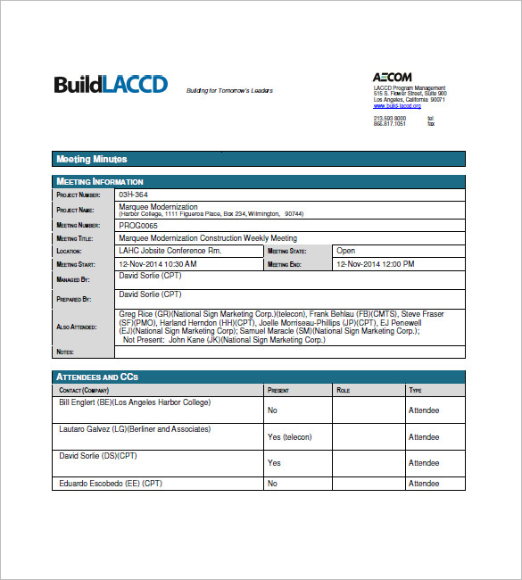 Construction Meeting Minutes Template 15 Sample Example Format Download 