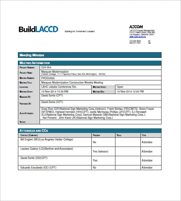 Construction Meeting Minutes Template - 15+ Sample, Example Format ...